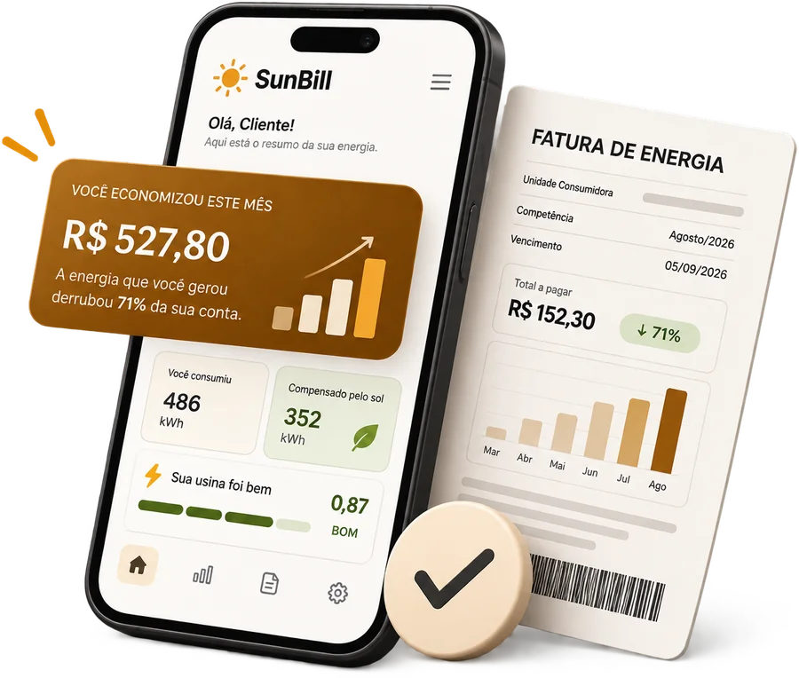 Ilustração: o SunBill num celular, com o resumo do mês (quanto o cliente economizou, o que consumiu, o que o sol compensou e como a usina foi), ao lado da fatura da distribuidora.